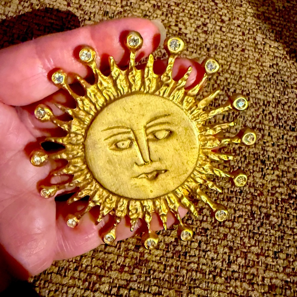 Gold Sun Face Brooch with Crystals